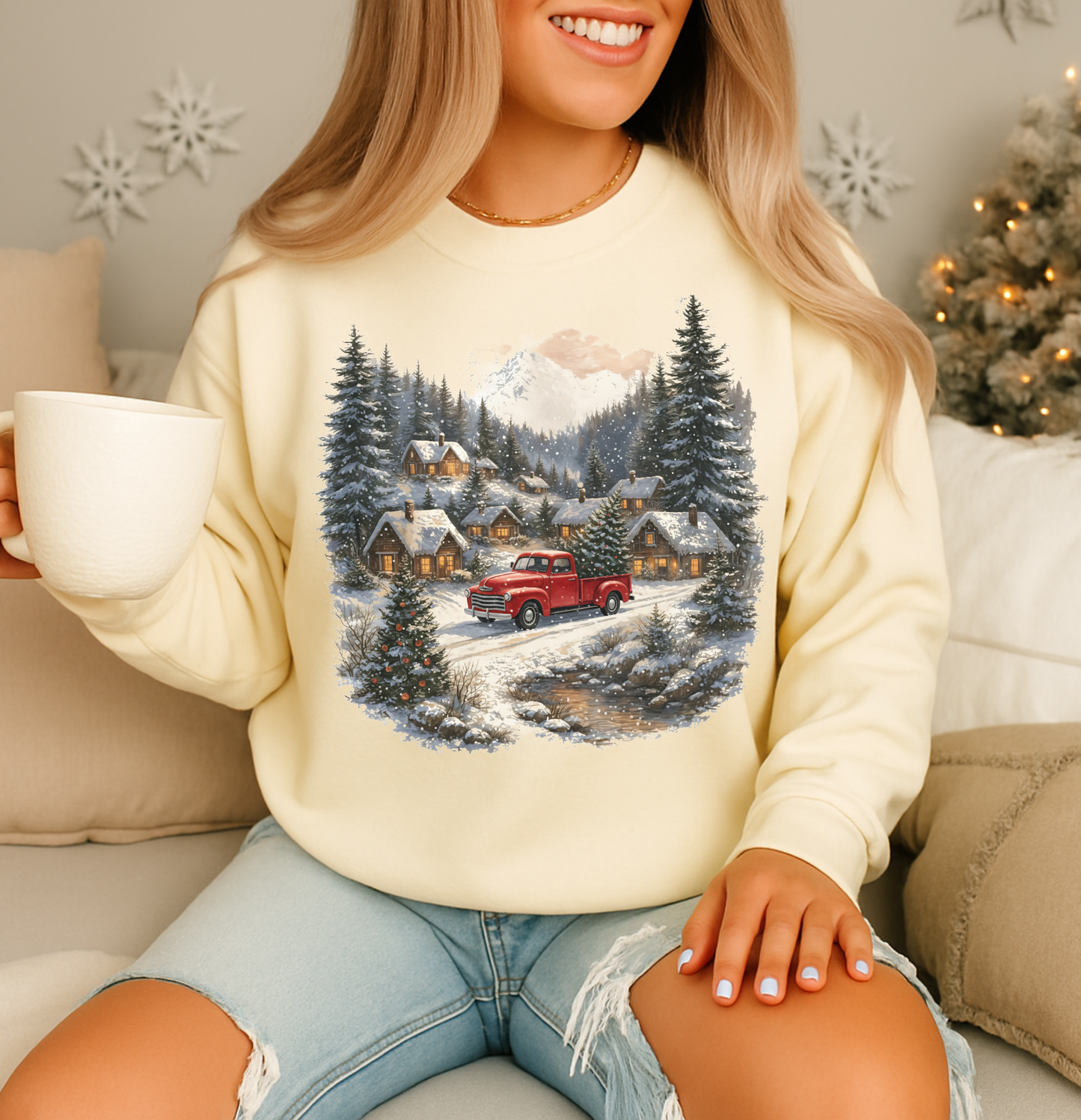VINTAGE RED TRUCK WINTER SCENE CREWNECK SWEATSHIRT