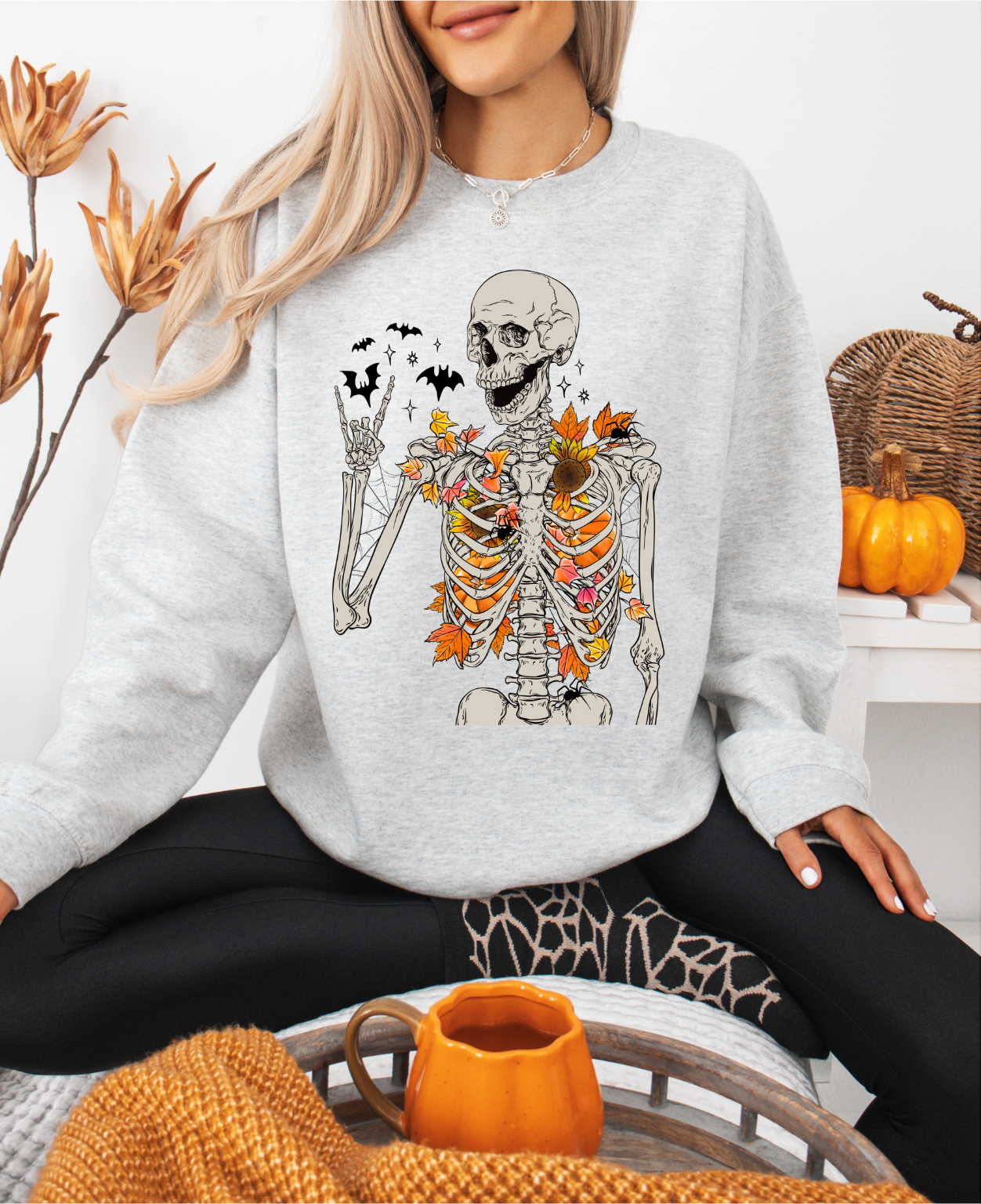 FALL SKELETON HALLOWEEN CREWNECK SWEATSHIRT