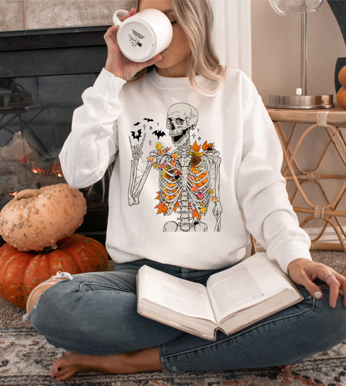 FALL SKELETON HALLOWEEN CREWNECK SWEATSHIRT