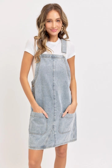 DENIM OVERALL MINI DRESS WITH PATCH POCKETS
