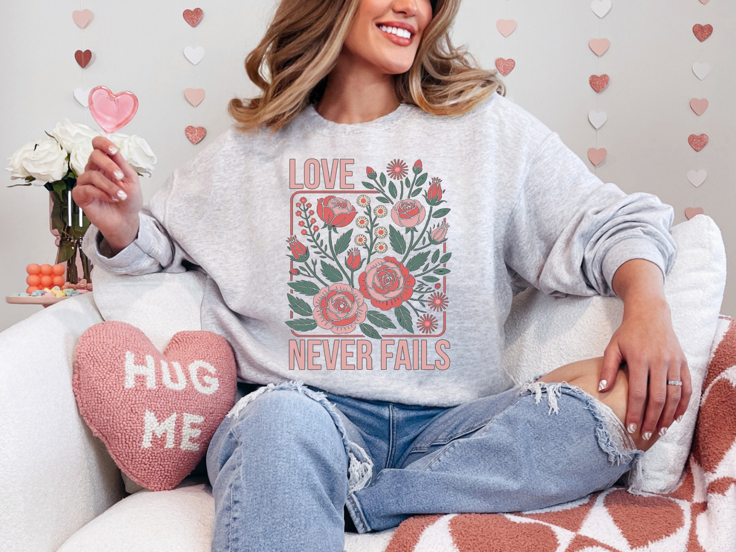LOVE NEVER FAILS FLORAL CHRISTIAN CREWNECK SWEATSHIRT
