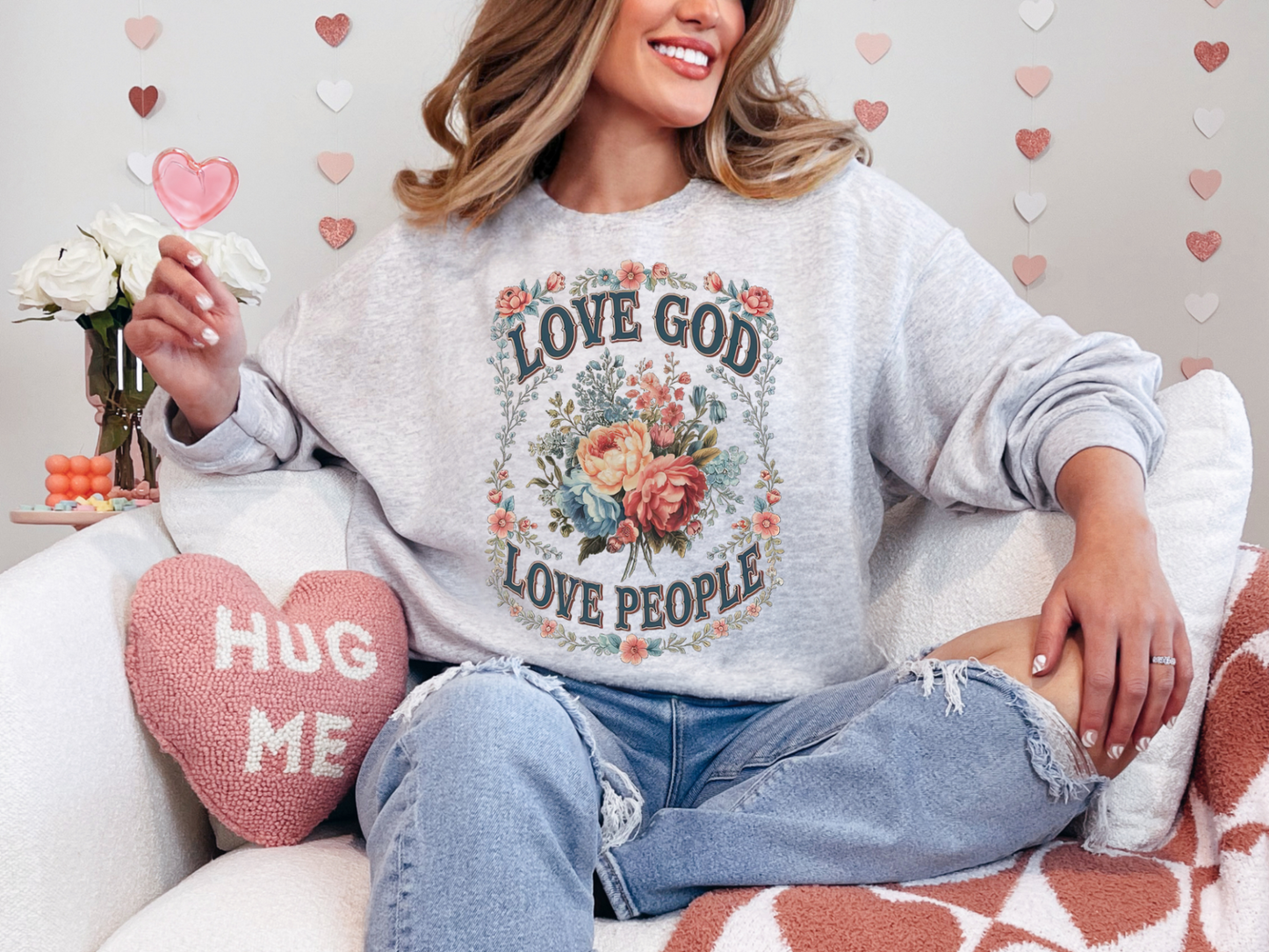 LOVE GOD LOVE PEOPLE VINTAGE FLORAL CHRISTIAN CREWNECK SWEATSHIRT