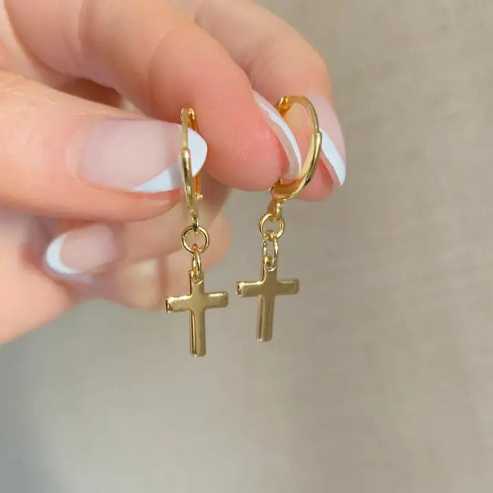 GOLD CROSS HUGGIE HOOPS