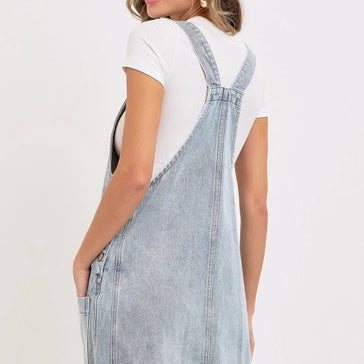 DENIM OVERALL MINI DRESS WITH PATCH POCKETS