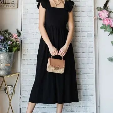 BLACK LINEN RUFFLE MID DRESS