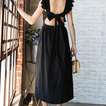 BLACK LINEN RUFFLE MID DRESS