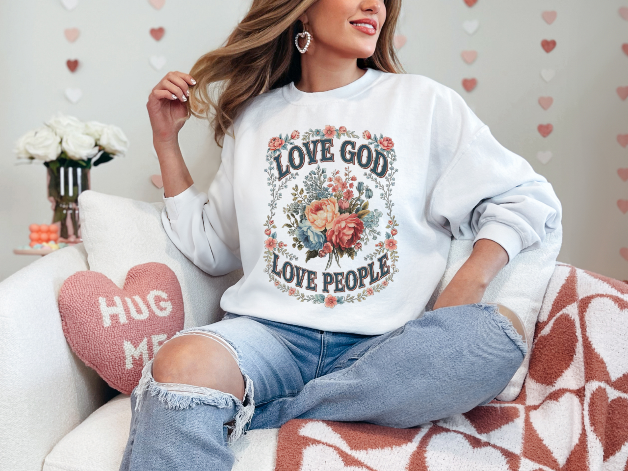 LOVE GOD LOVE PEOPLE VINTAGE FLORAL CHRISTIAN CREWNECK SWEATSHIRT