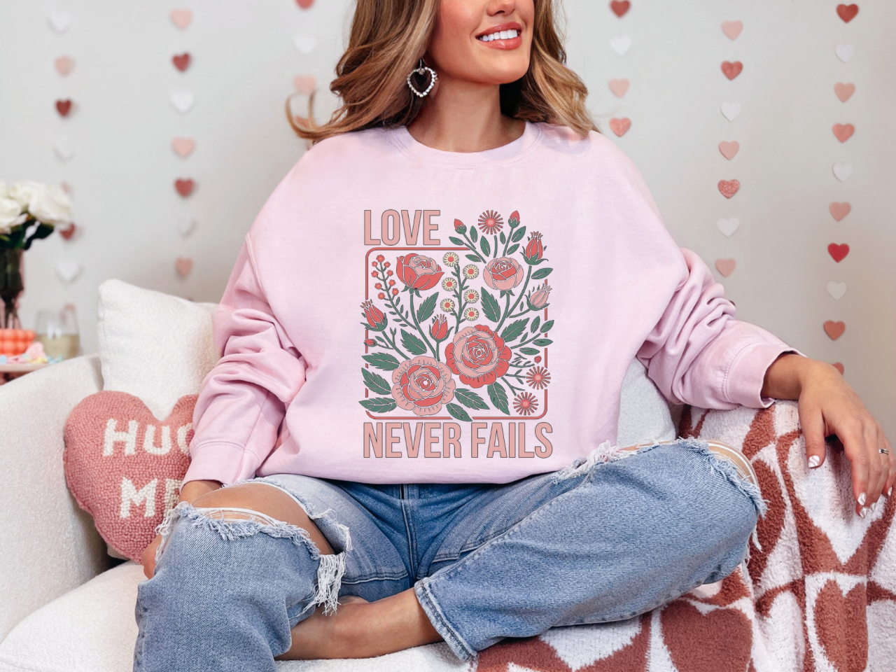 LOVE NEVER FAILS FLORAL CHRISTIAN CREWNECK SWEATSHIRT