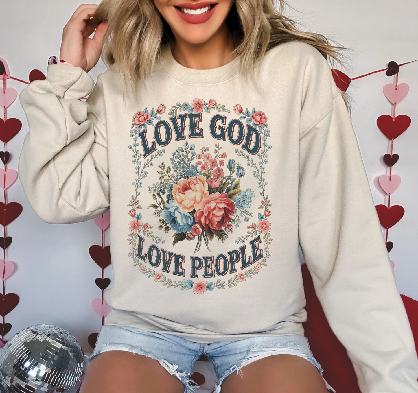 LOVE GOD LOVE PEOPLE VINTAGE FLORAL CHRISTIAN CREWNECK SWEATSHIRT