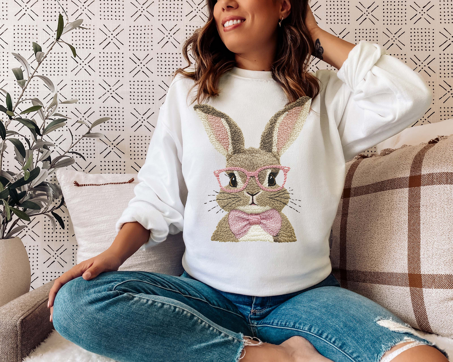EASTER BUNNY FAUX EMBROIDERY CREW NECK SWEATSHIRT