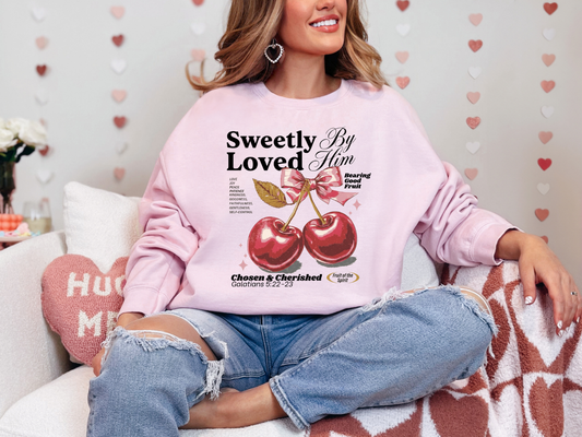 SWEETLY LOVED BY HIM VINTAGE CHERRY FRUITS OF THE SPIRIT CREWNECK SWEATSHIRT