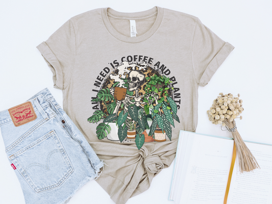 ALL I NEED IS COFFEE AND PLANTS SKULL GRAPHIC TEE