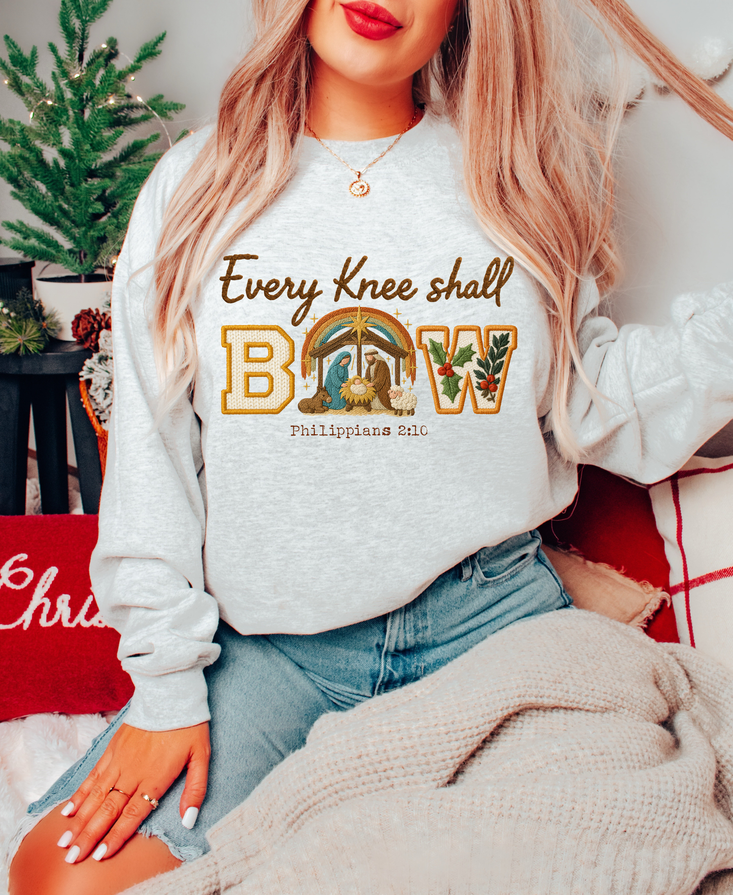 FAUX EMBROIDERY EVERY KNEE SHALL BOW CHRISTMAS CREWNECK SWEATSHIRT