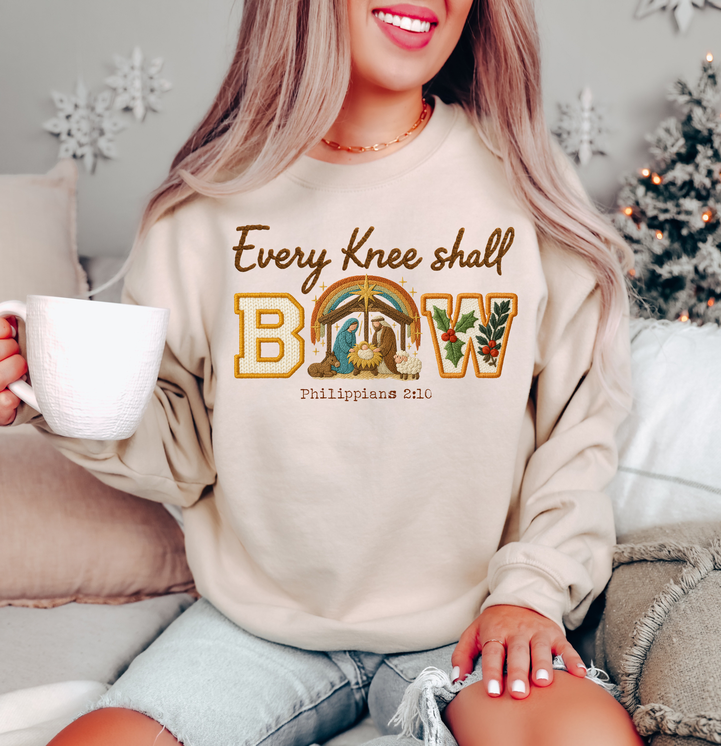 FAUX EMBROIDERY EVERY KNEE SHALL BOW CHRISTMAS CREWNECK SWEATSHIRT