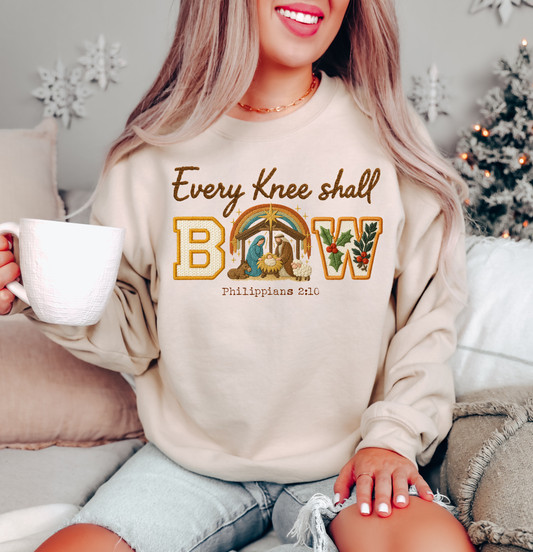 FAUX EMBROIDERY EVERY KNEE SHALL BOW CHRISTMAS CREWNECK SWEATSHIRT