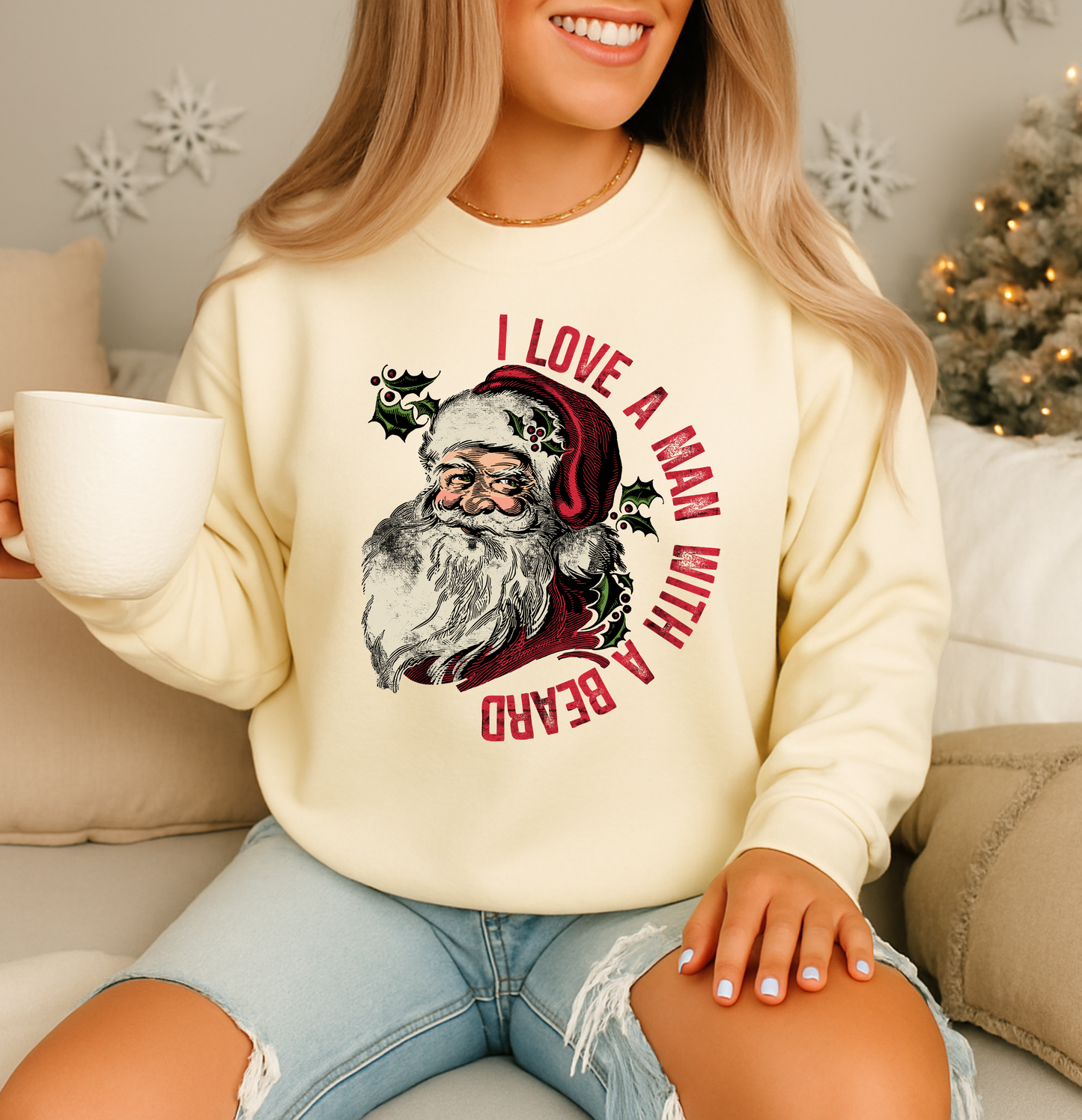 I LOVE A MAN WITH A BEARD SANTA CREWNECK SWEATSHIRT