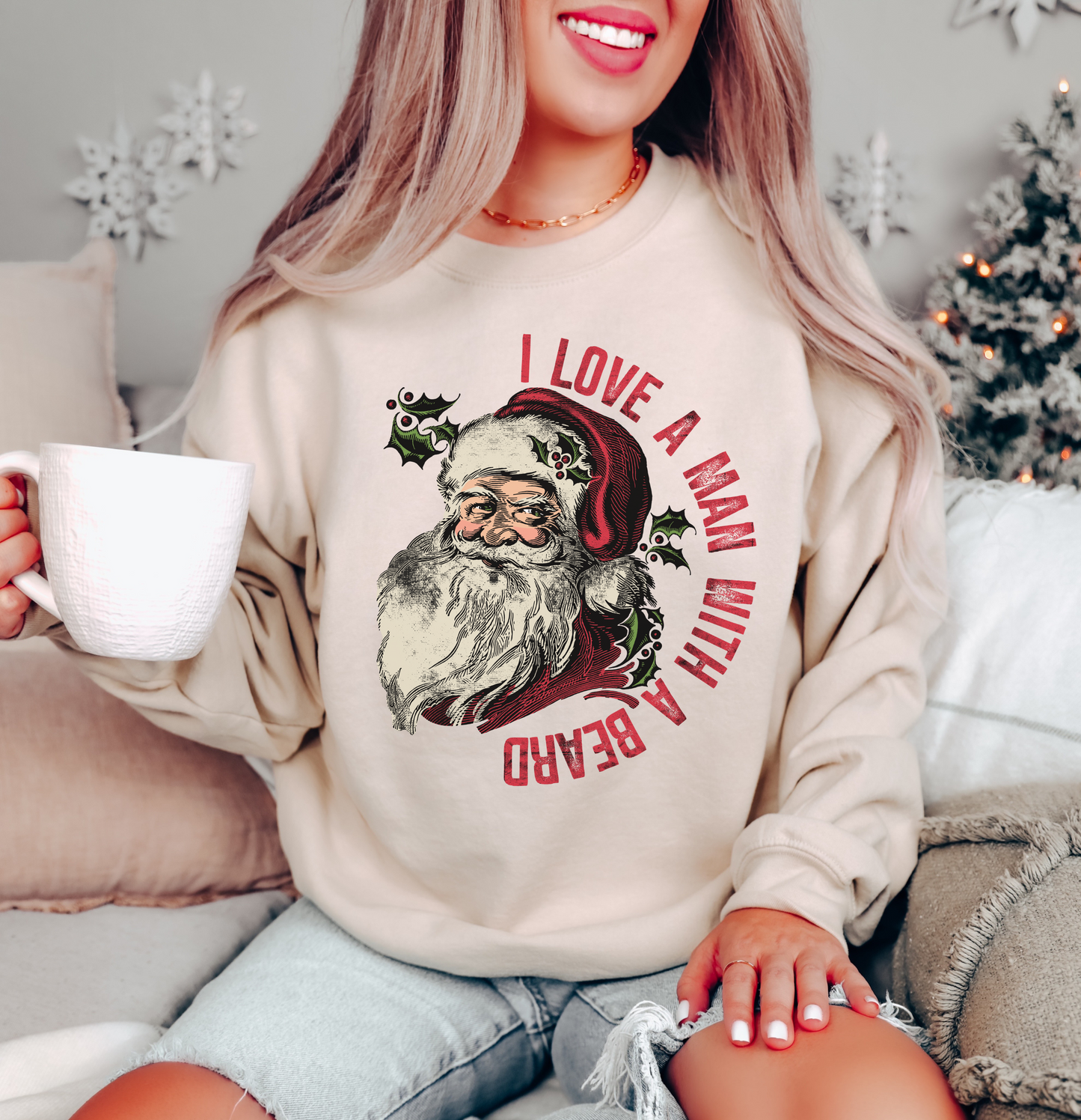 I LOVE A MAN WITH A BEARD SANTA CREWNECK SWEATSHIRT