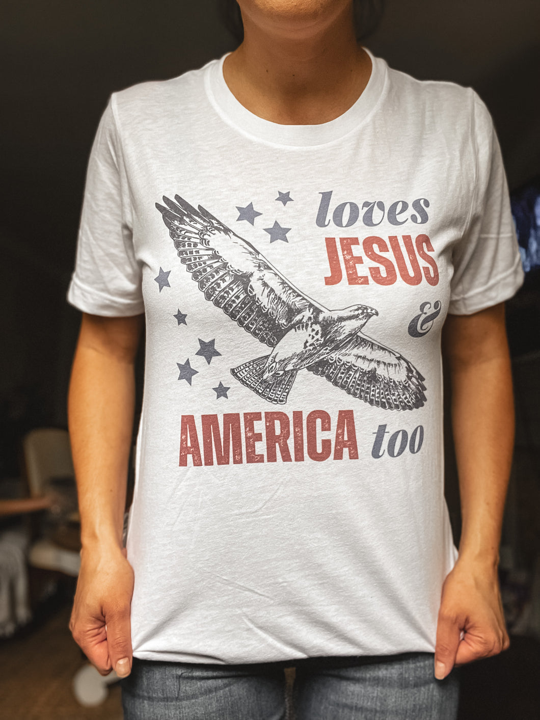 LOVES JESUS AND AMERICA TOO ADULT GRAPHIC TEE