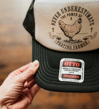 Load image into Gallery viewer, NEVER UNDERESTIMATE THE POWER OF A PRAYING FARMER TRUCKER HAT
