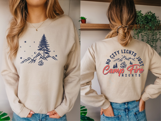 NO CITY LIGHTS JUST CAMPFIRE NIGHTS DOUBLE SIDED SWEATSHIRT