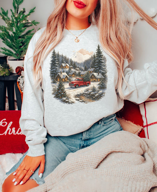 VINTAGE RED TRUCK WINTER SCENE CREWNECK SWEATSHIRT