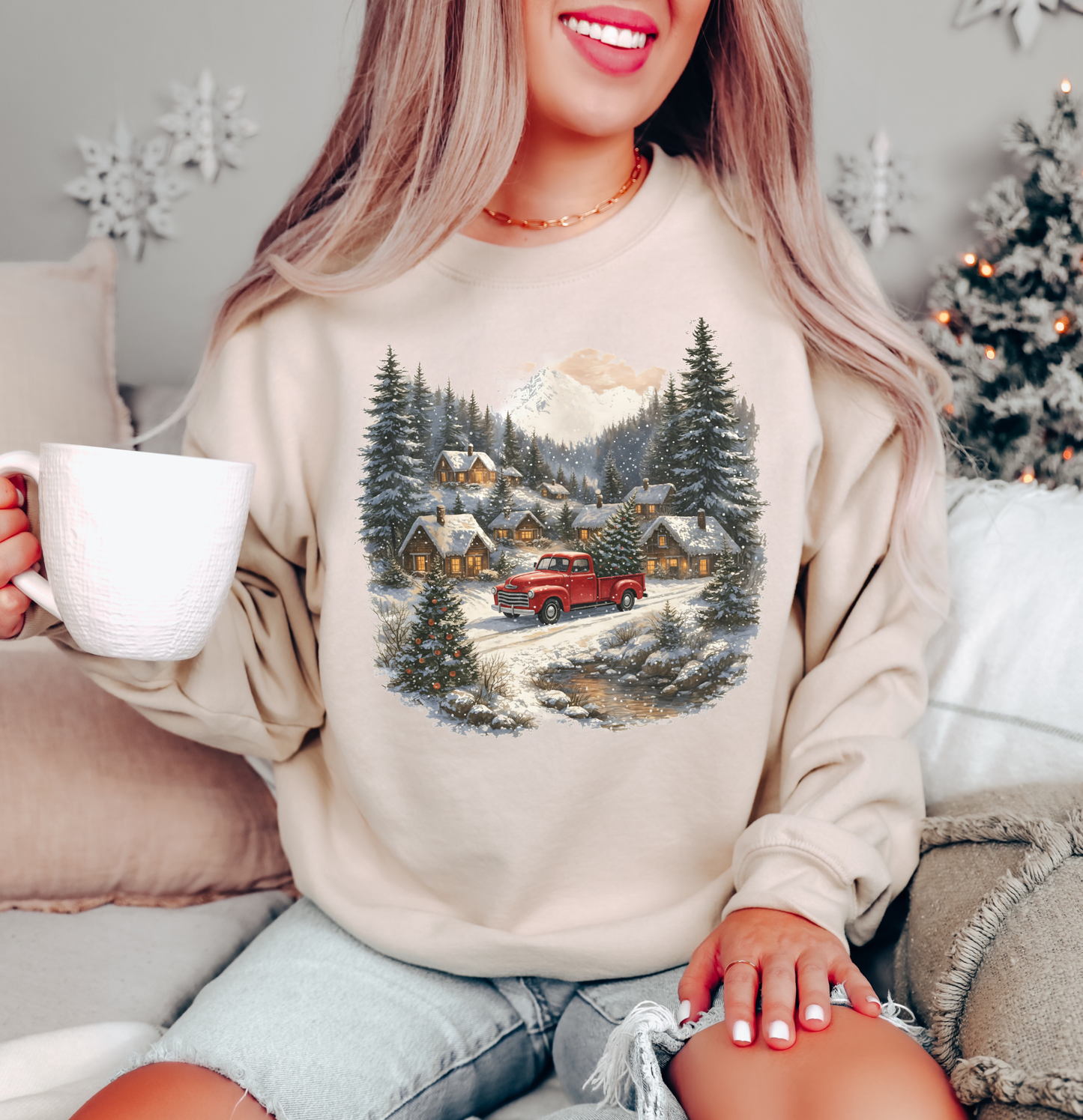 VINTAGE RED TRUCK WINTER SCENE CREWNECK SWEATSHIRT