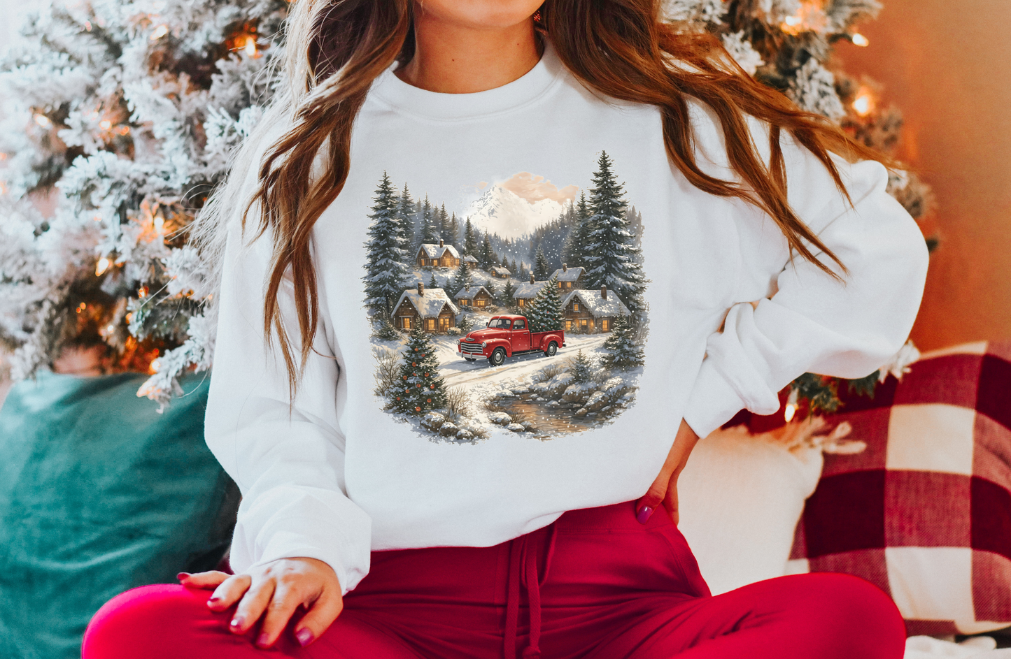 VINTAGE RED TRUCK WINTER SCENE CREWNECK SWEATSHIRT
