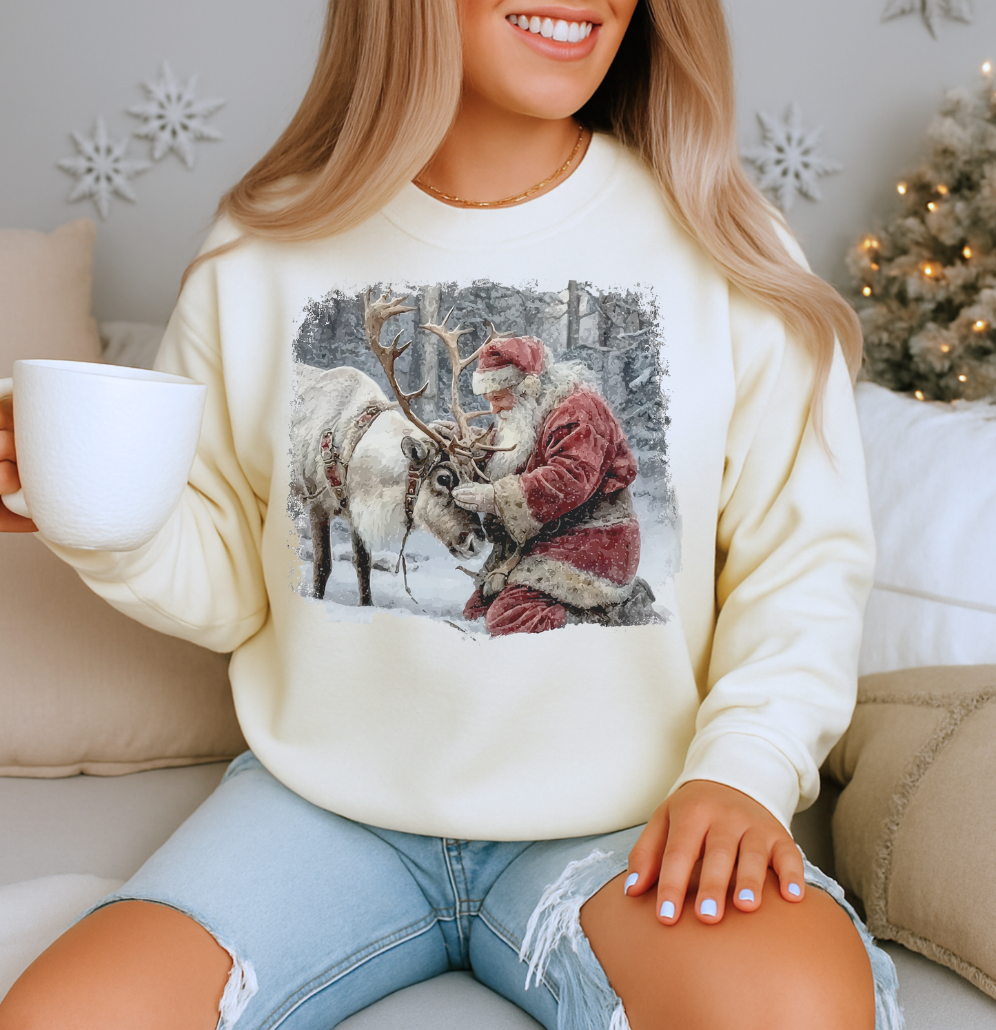 VINTAGE SANTA WITH REINDEER HOLIDAY CREWNECK SWEATSHIRT