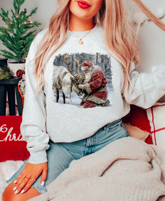 VINTAGE SANTA WITH REINDEER HOLIDAY CREWNECK SWEATSHIRT