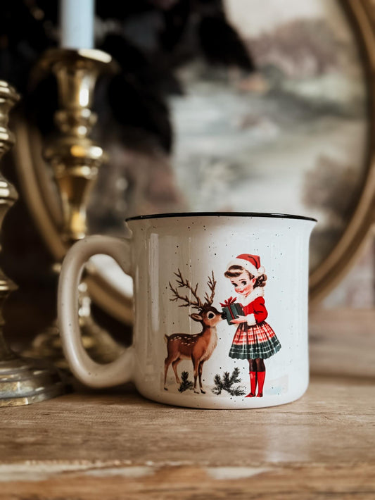VINTAGE CHRISTMAS GIRL WITH DEER CAMPFIRE MUG